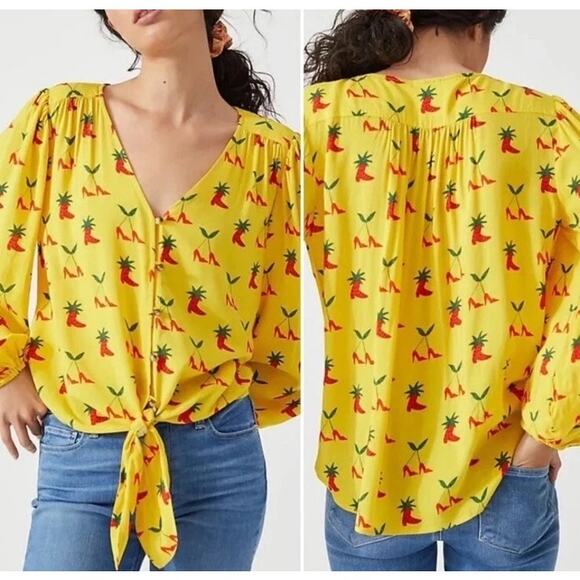Anthropologie Button Down Front Tie Blouse Yellow Women’s 2 Festival Boho Fruit - Picture 2 of 16